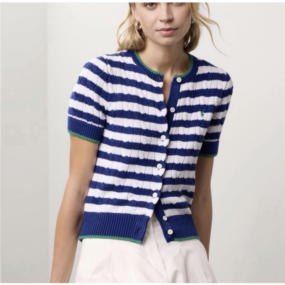 Polo Ralph Lauren Sweater Striped Cable Knit Short Sleeve L* (fits Size XS) Read